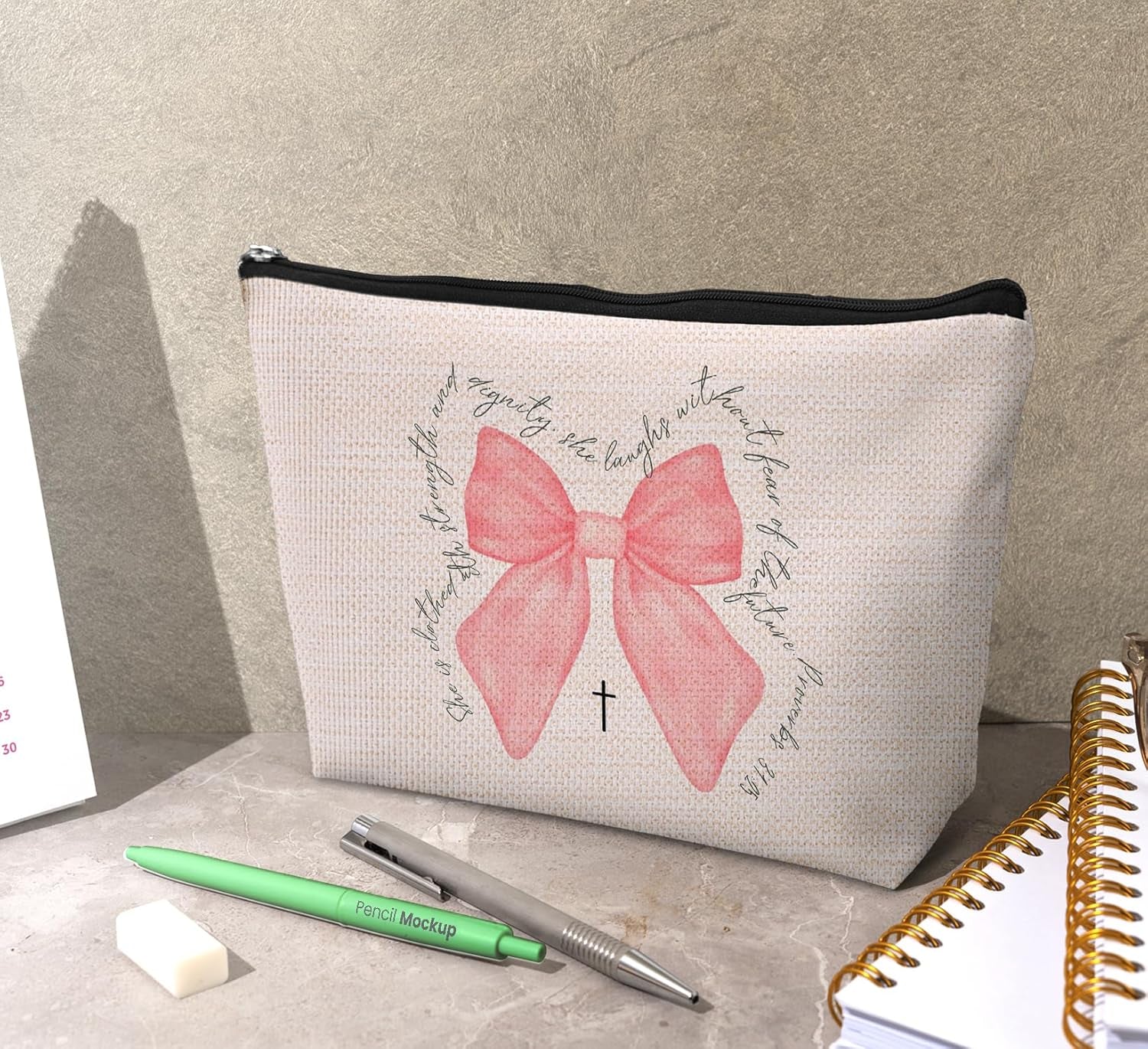 Christian Pink Bow Makeup Bag,Christian Gifts Cosmetic Bag Aesthetic,Inspirational Travel Toiletry Pouch Gift for Teen Girls Women,Birthday Christmas Gift for Bestie Daughter