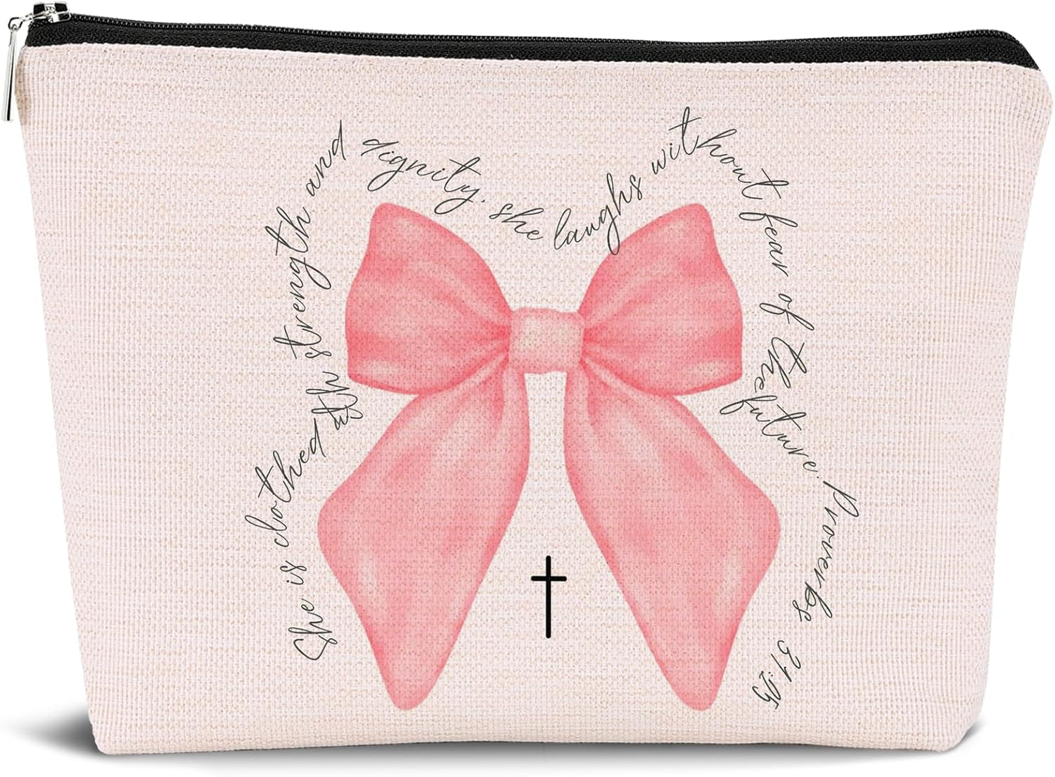 Christian Pink Bow Makeup Bag,Christian Gifts Cosmetic Bag Aesthetic,Inspirational Travel Toiletry Pouch Gift for Teen Girls Women,Birthday Christmas Gift for Bestie Daughter
