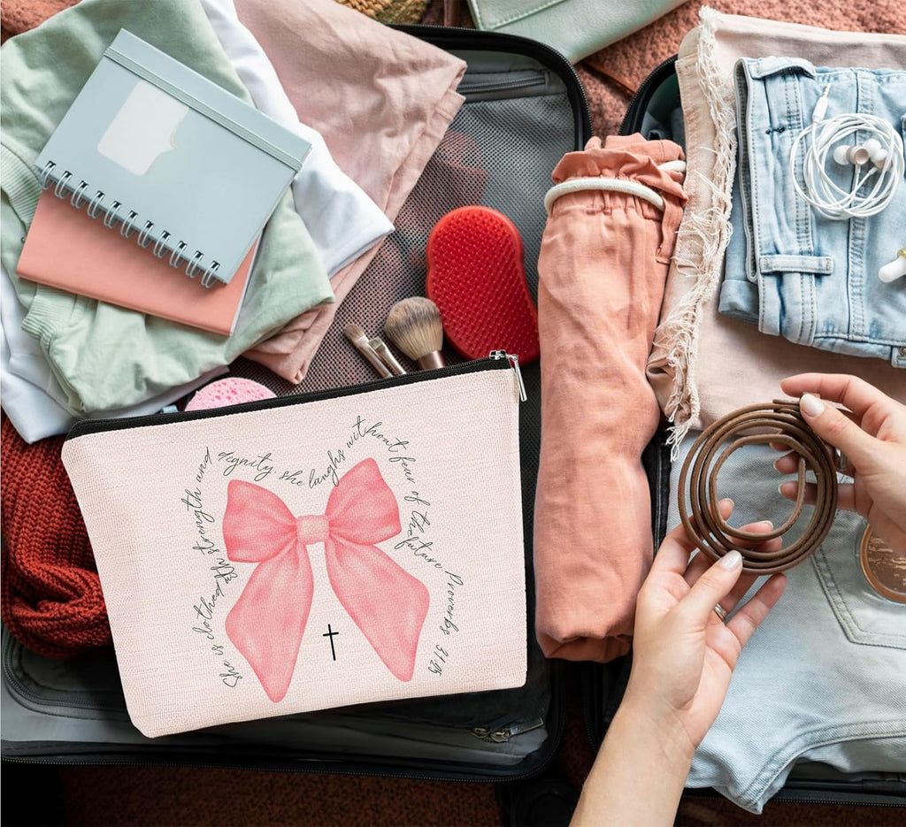 Christian Pink Bow Makeup Bag,Christian Gifts Cosmetic Bag Aesthetic,Inspirational Travel Toiletry Pouch Gift for Teen Girls Women,Birthday Christmas Gift for Bestie Daughter